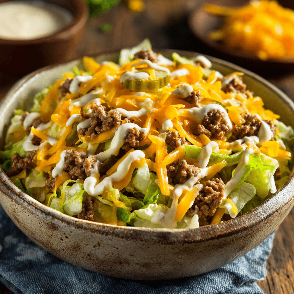 Big Mac Salad serving Close-up of big mac salad in a ceramic bowl