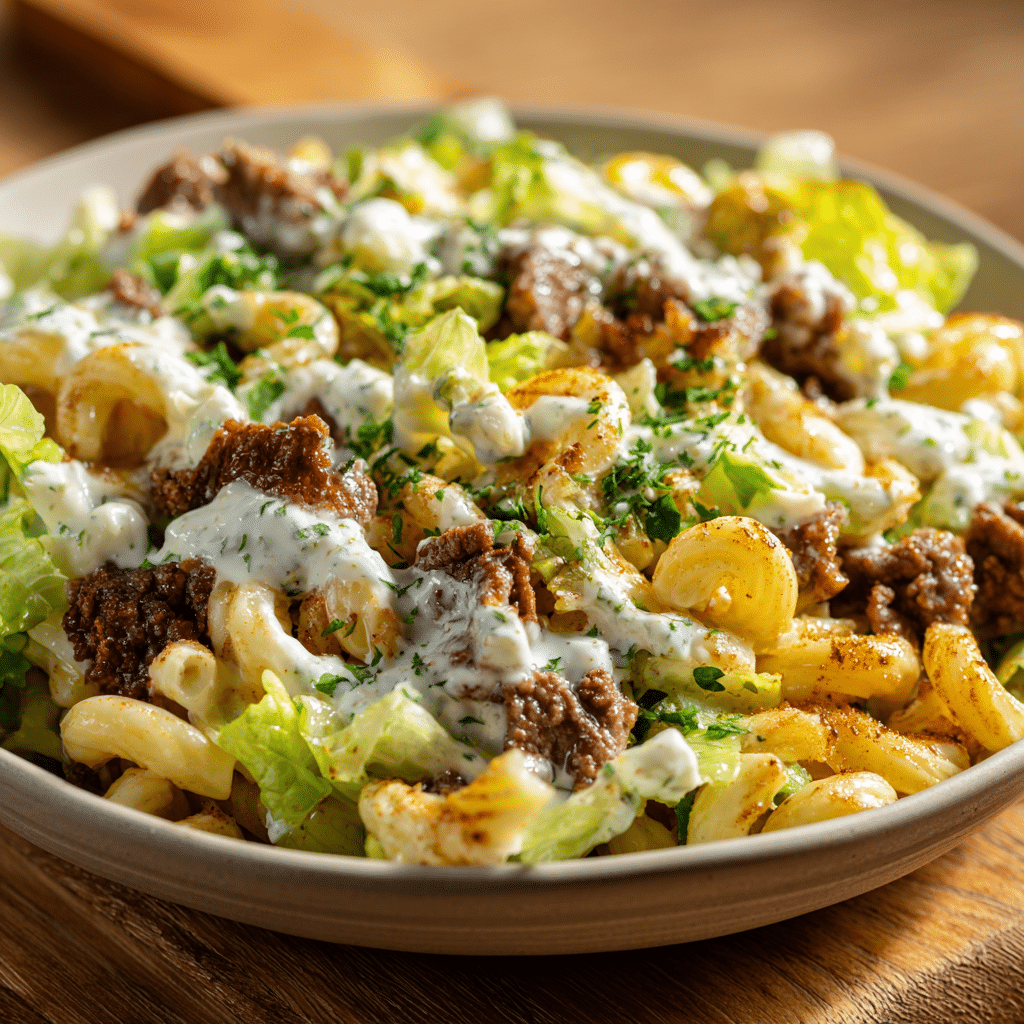 A bowl of big mac salad with dressing