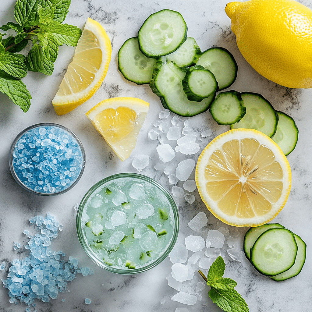 Ingredients for blue salt drink laid out on marble with soft light.