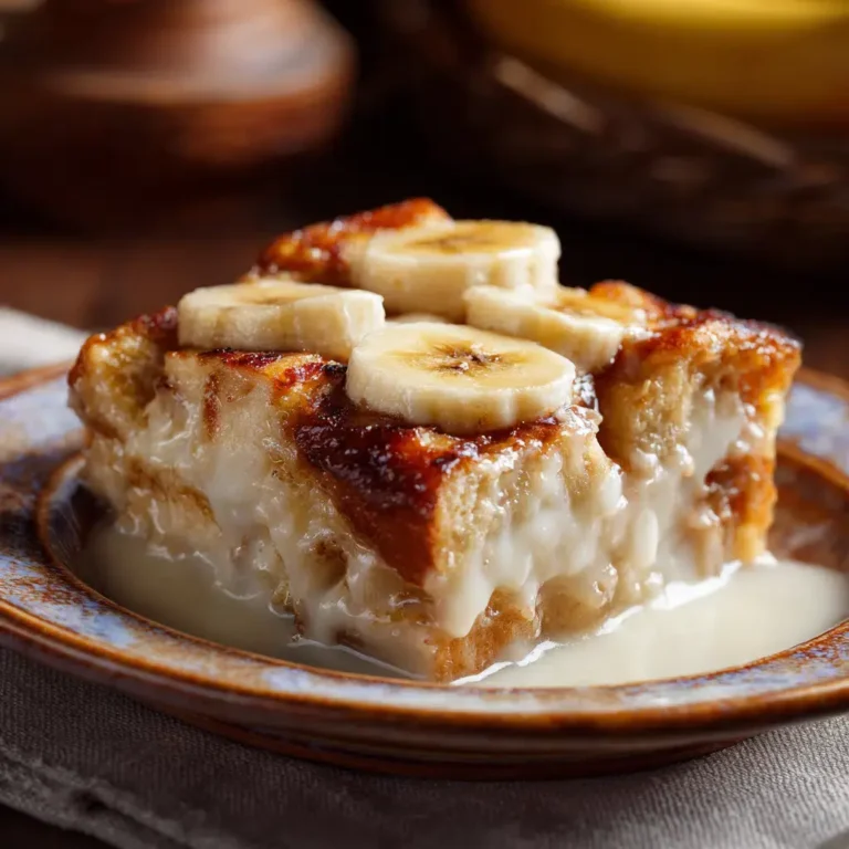 Slice of bread and banana pudding on a ceramic plate with soft texture and golden top