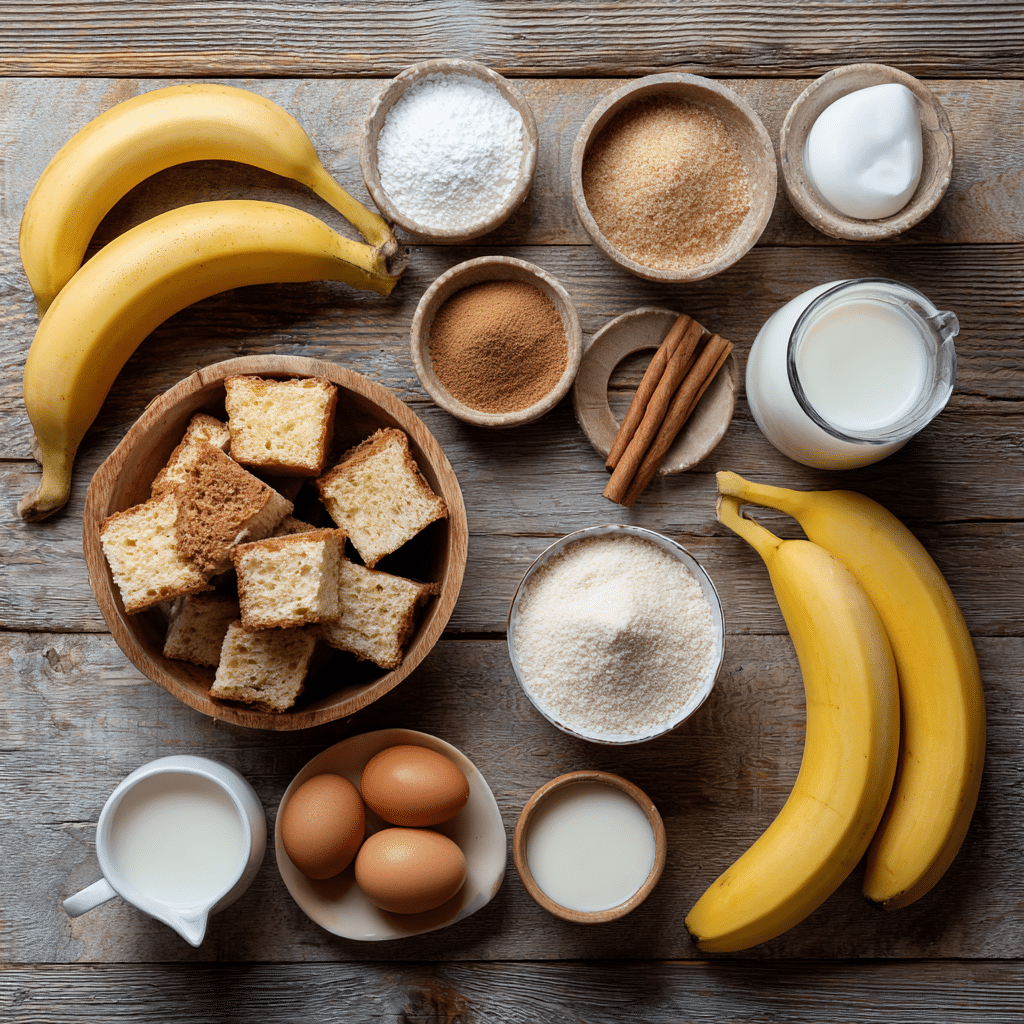 Bread and Banana Pudding Ingredients Flat lay of bananas, cubed bread, eggs, milk, sugars and cinnamon on rustic wooden table.
