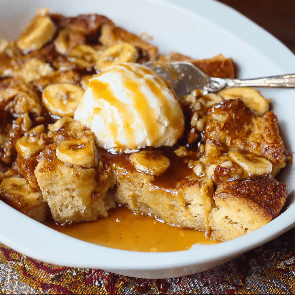 Bread and Banana Pudding dessert Warm banana bread pudding topped with vanilla ice cream and caramel sauce on a white dish.