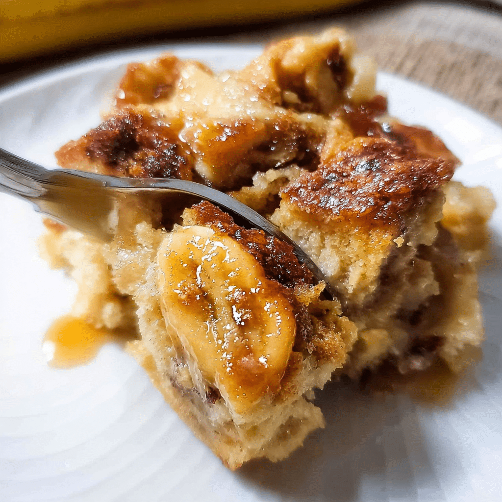 Bread and Banana Pudding served Fork lifting a caramel-soaked bite of banana bread pudding from a white plate.