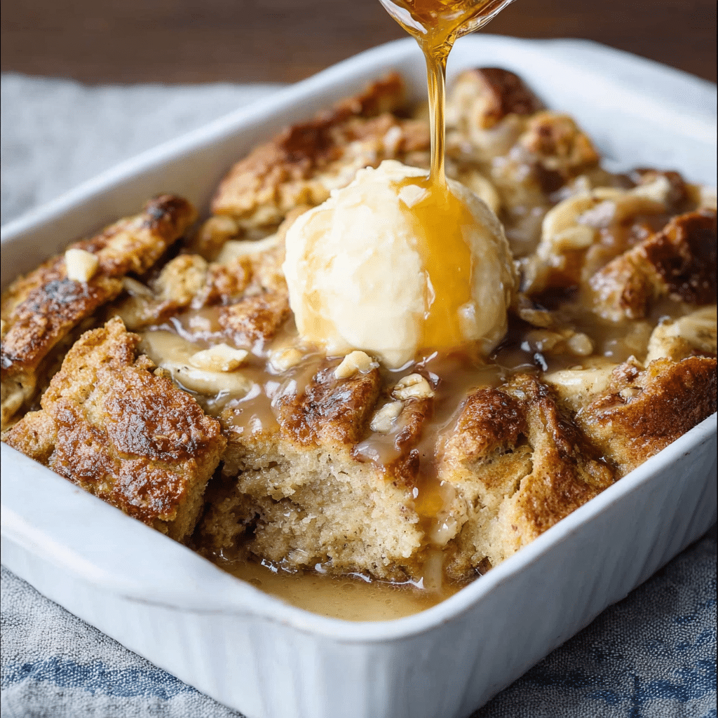 Bread and Banana Pudding serving Caramel sauce poured over banana bread pudding topped with vanilla ice cream in a baking dish.
