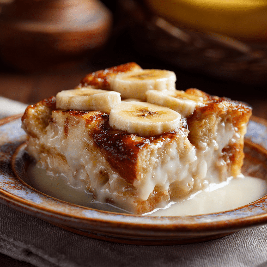 Bread and Banana Pudding Slice of bread and banana pudding on a ceramic plate with soft texture and golden top