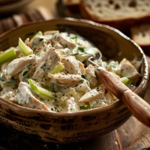 This image shows a close-up of a creamy chicken salad served in a rustic ceramic bowl. The salad is made with chunks of tender chicken, fresh celery, and red onion, all lightly seasoned and mixed with a creamy dressing. Perfect for a fresh and hearty meal presentation.