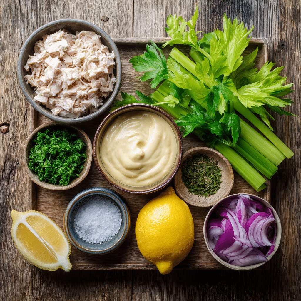 Canned Chicken Salad ingredients Overhead shot of canned chicken salad ingredients laid out on a wooden table.