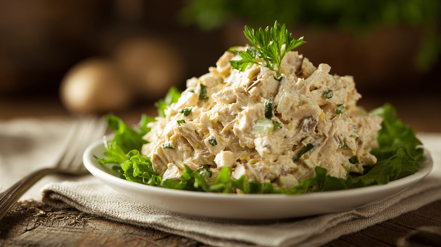 Canned Chicken Salad served Creamy canned chicken salad on toasted bread, placed on a vintage plate.