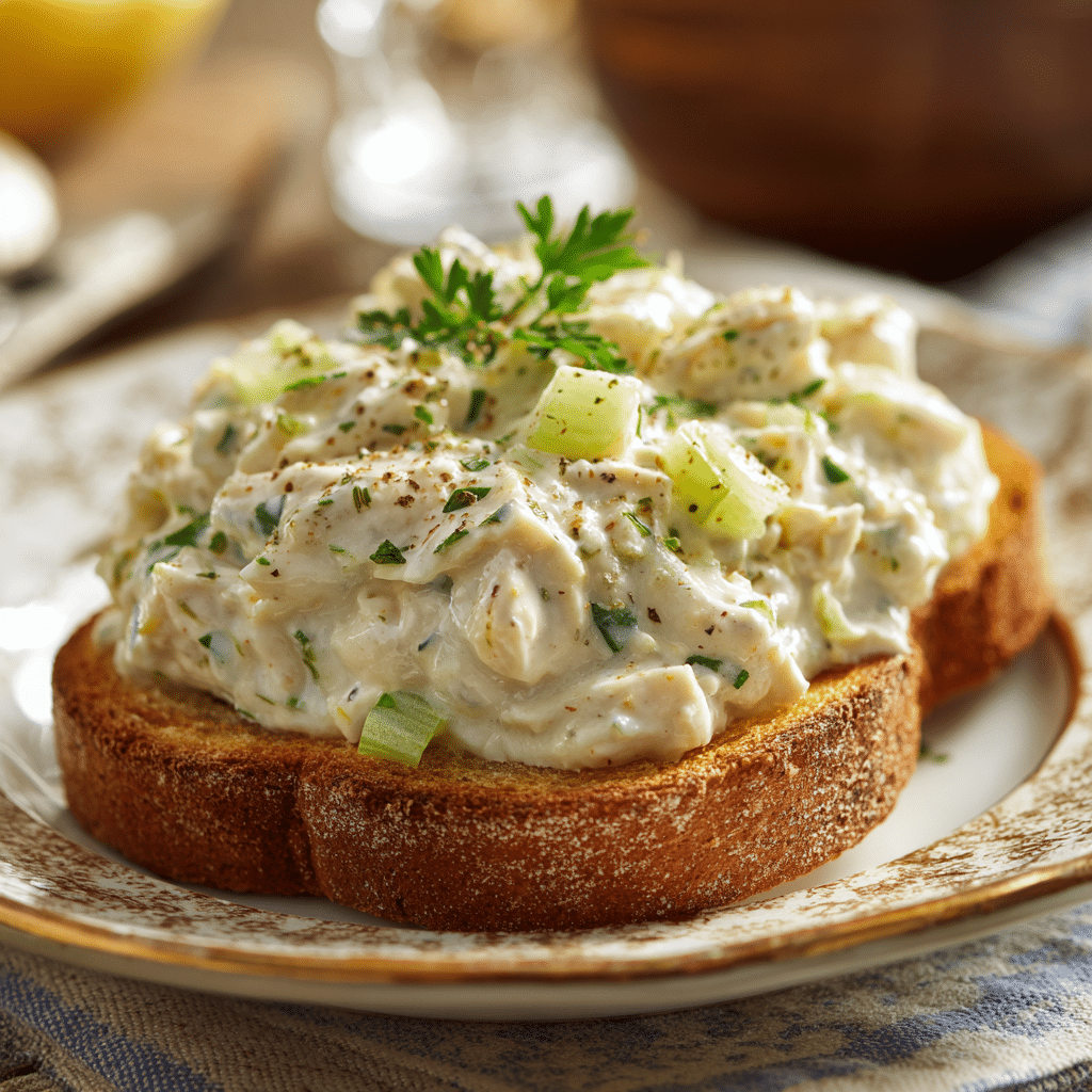 Canned Chicken Salad serving Creamy canned chicken salad on toasted bread, placed on a vintage plate.