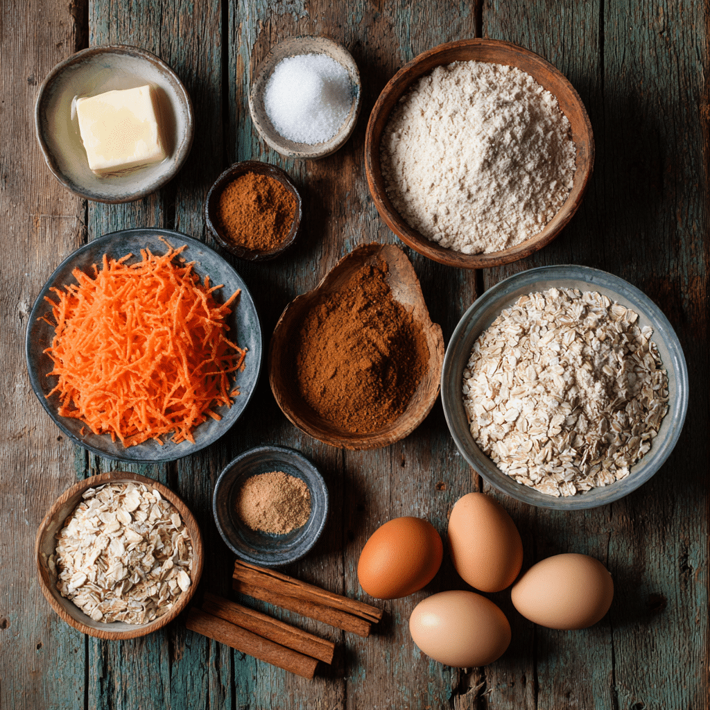Carrot Cake Cookies Ingredients Flat lay of ingredients for carrot cake cookies including flour, sugar, carrots, butter, eggs, and oats