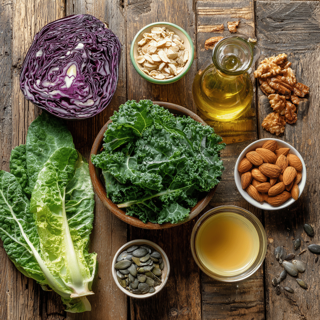 Chick Fil A Kale Salad Ingredients Flat lay of fresh ingredients for chick fil a kale salad