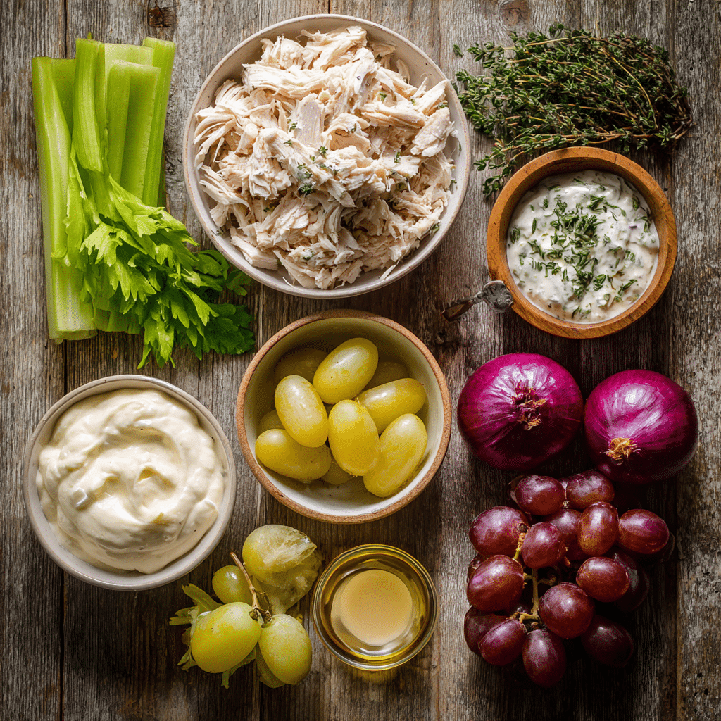 ingredients for chicken salad recipe arranged on a wooden table