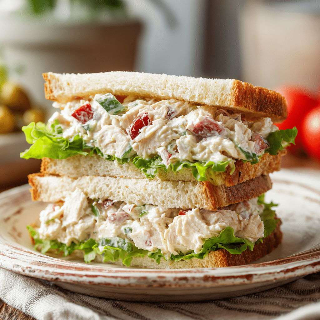 chicken salad sandwich on a rustic plate