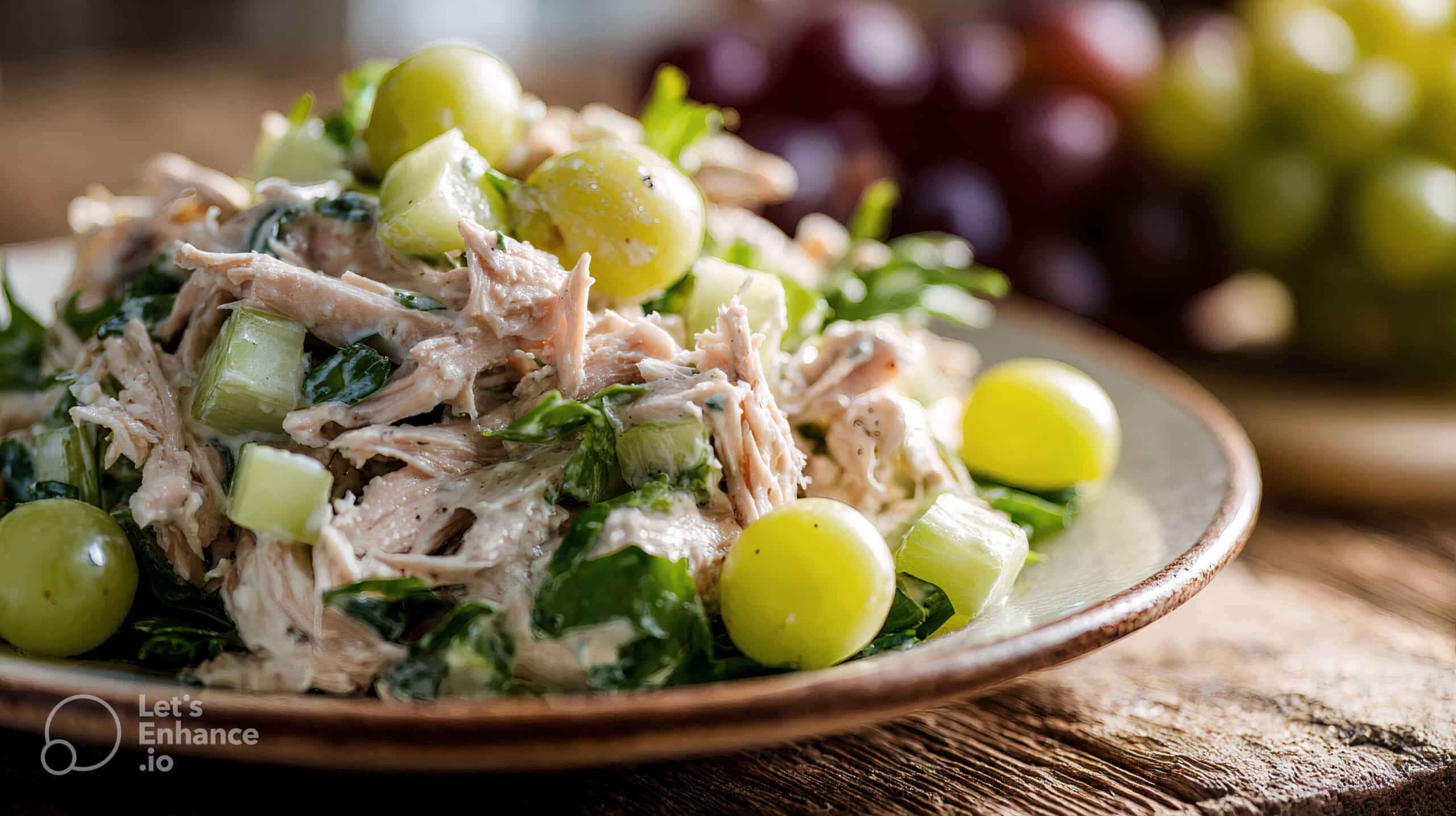 close-up of a creamy chicken salad served on a rustic plate in a cozy kitchen
