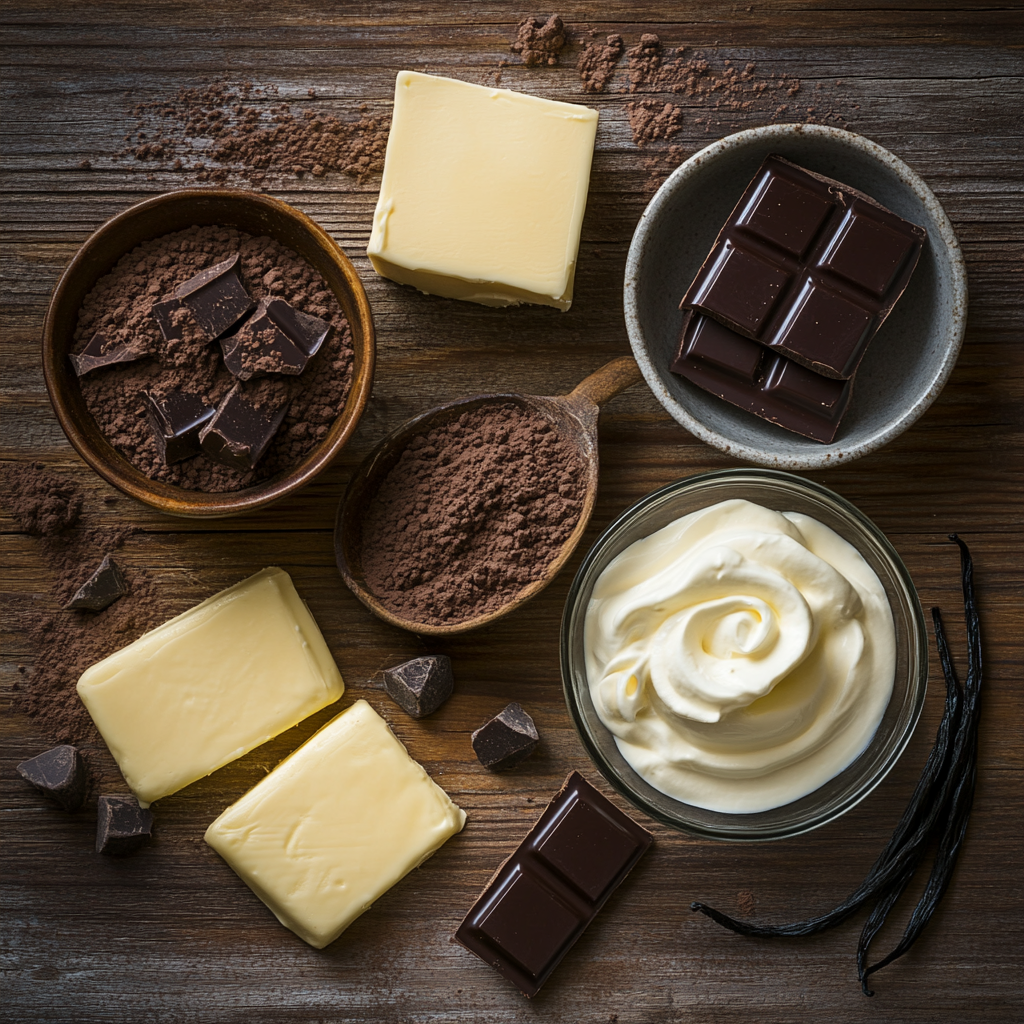 Chocolate-Ganache-Cake-Ingredients Flat lay of Chocolate Ganache Cake ingredients on wooden table