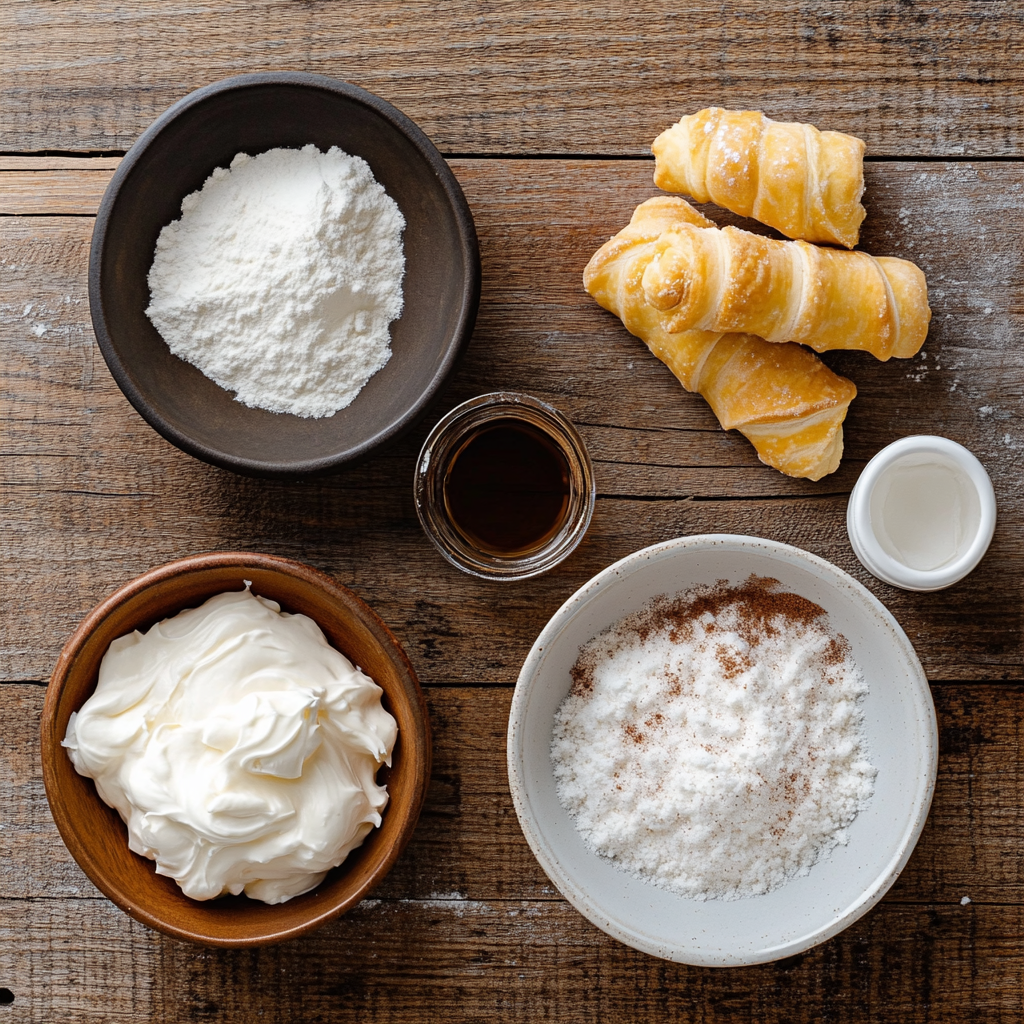 Churro Cheesecake Recipe Ingredients Flat lay of ingredients for churro cheesecake including cream cheese, sugar, cinnamon, and crescent dough.