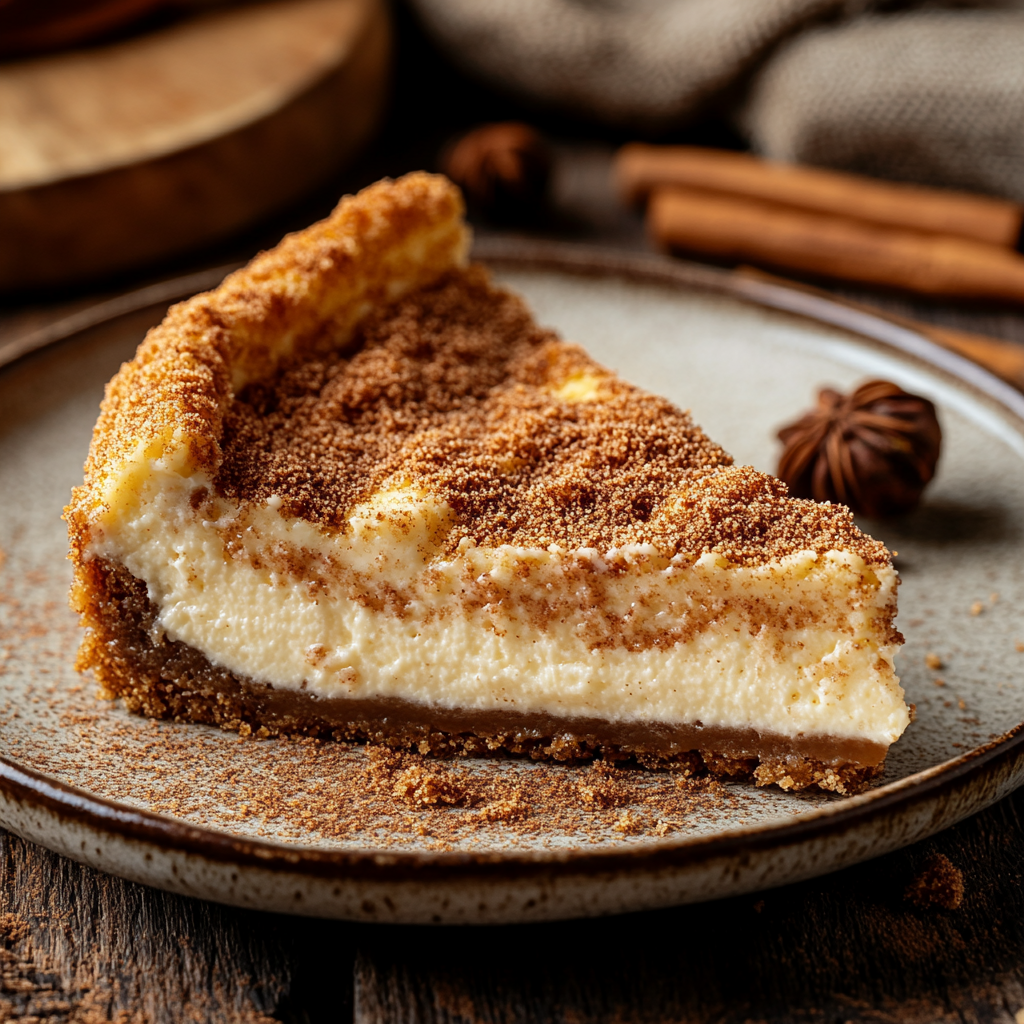 Close-up of a baked churro cheesecake with golden crust and creamy layers.