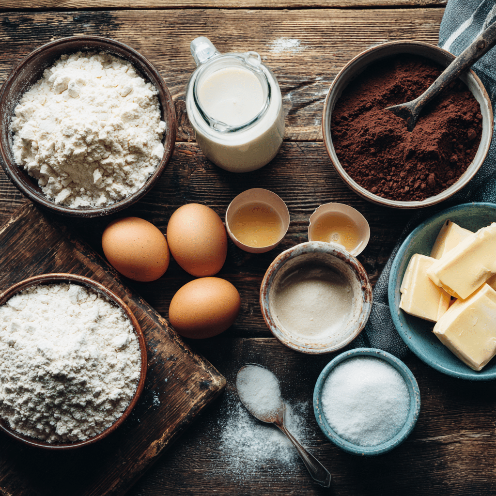 Cocoa Coffee Cake Ingredients Flat lay of ingredients for cocoa coffee cake including flour, cocoa, sugar, butter, and milk