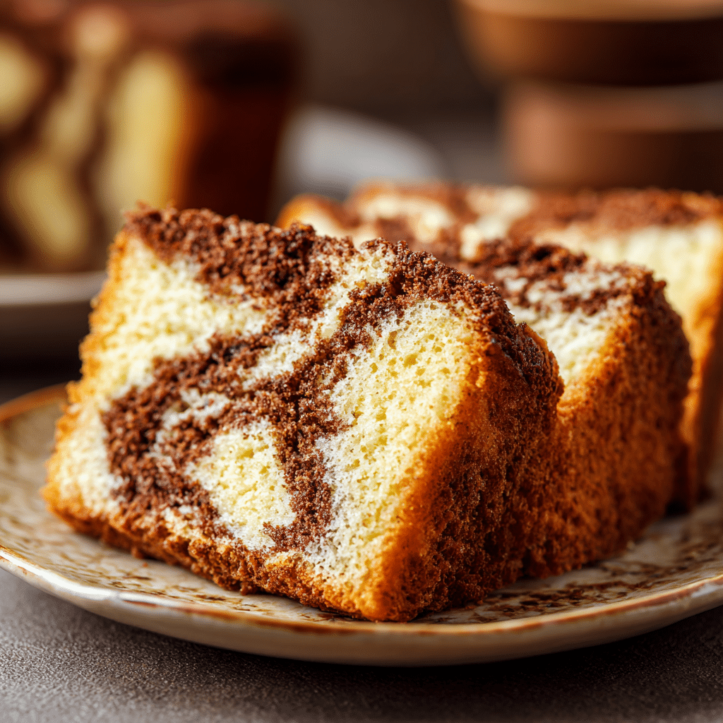 Cocoa Coffee Cake on Vintage Plate Close-up of a sliced cocoa coffee cake with visible cocoa swirls on a ceramic plate