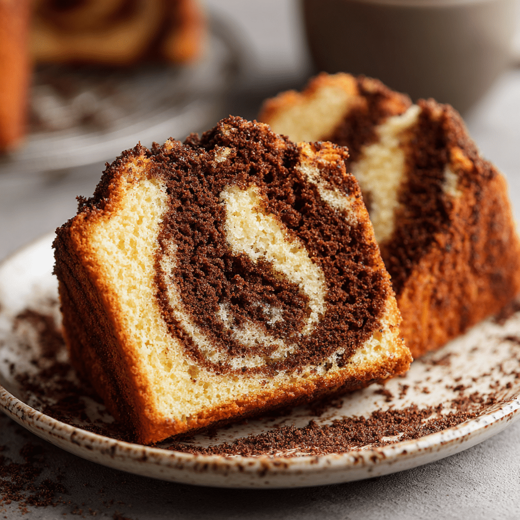 Close-up of a sliced cocoa coffee cake with visible cocoa swirls on a ceramic plate