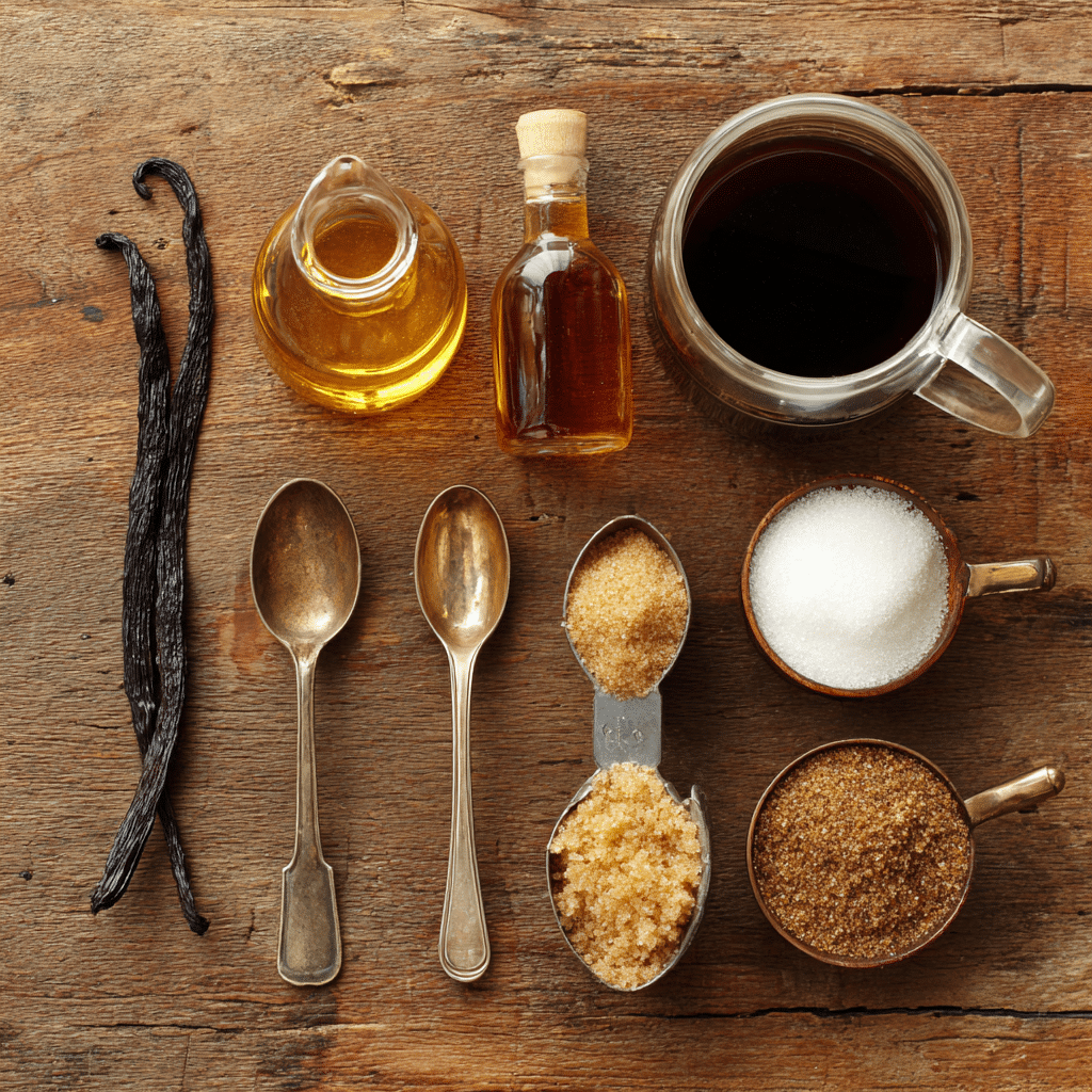 Coffee Vinegar – Ingredients Ingredients for coffee vinegar laid out on a rustic wooden table