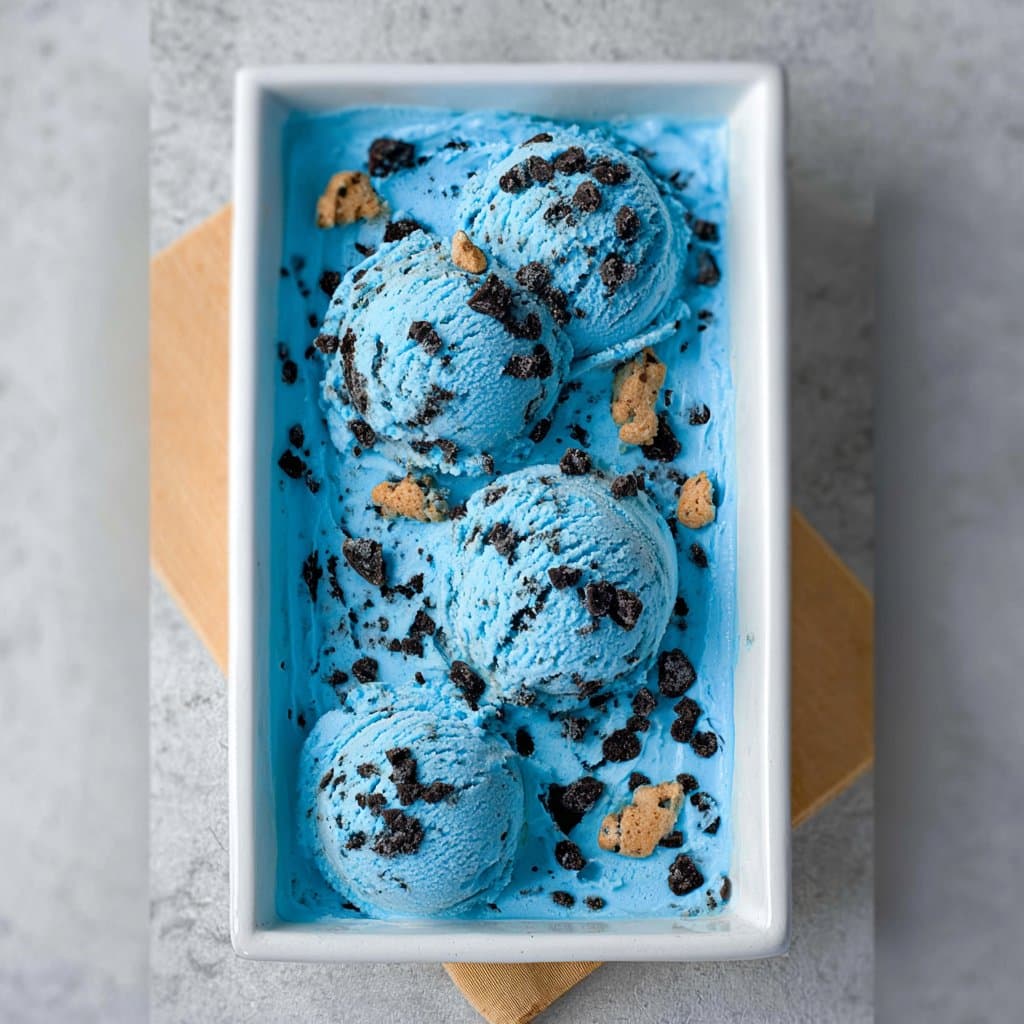 Rectangular white dish filled with blue Cookie Monster ice cream scoops topped with crushed chocolate cookies and mini cookie pieces.