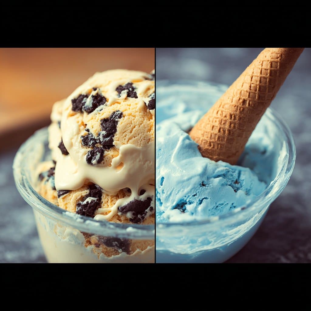 Cookie Monster Ice Cream steps Side-by-side image of creamy vanilla cookie ice cream with cookie chunks and bright blue Cookie Monster ice cream in a glass bowl with a waffle cone.