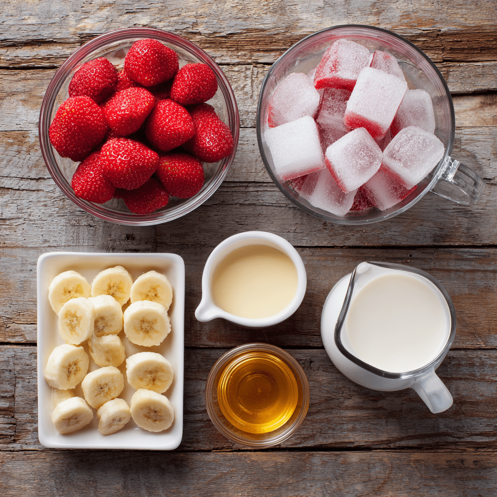 ingredients for Costco strawberry banana smoothie arranged on a wooden table