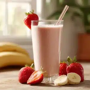 Costco strawberry banana smoothie in a tall glass with straw