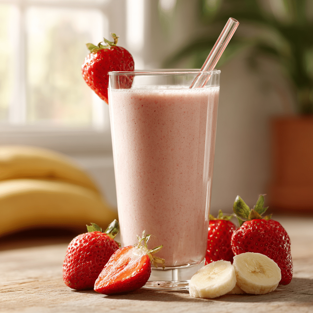 Costco strawberry banana smoothie in a tall glass with straw