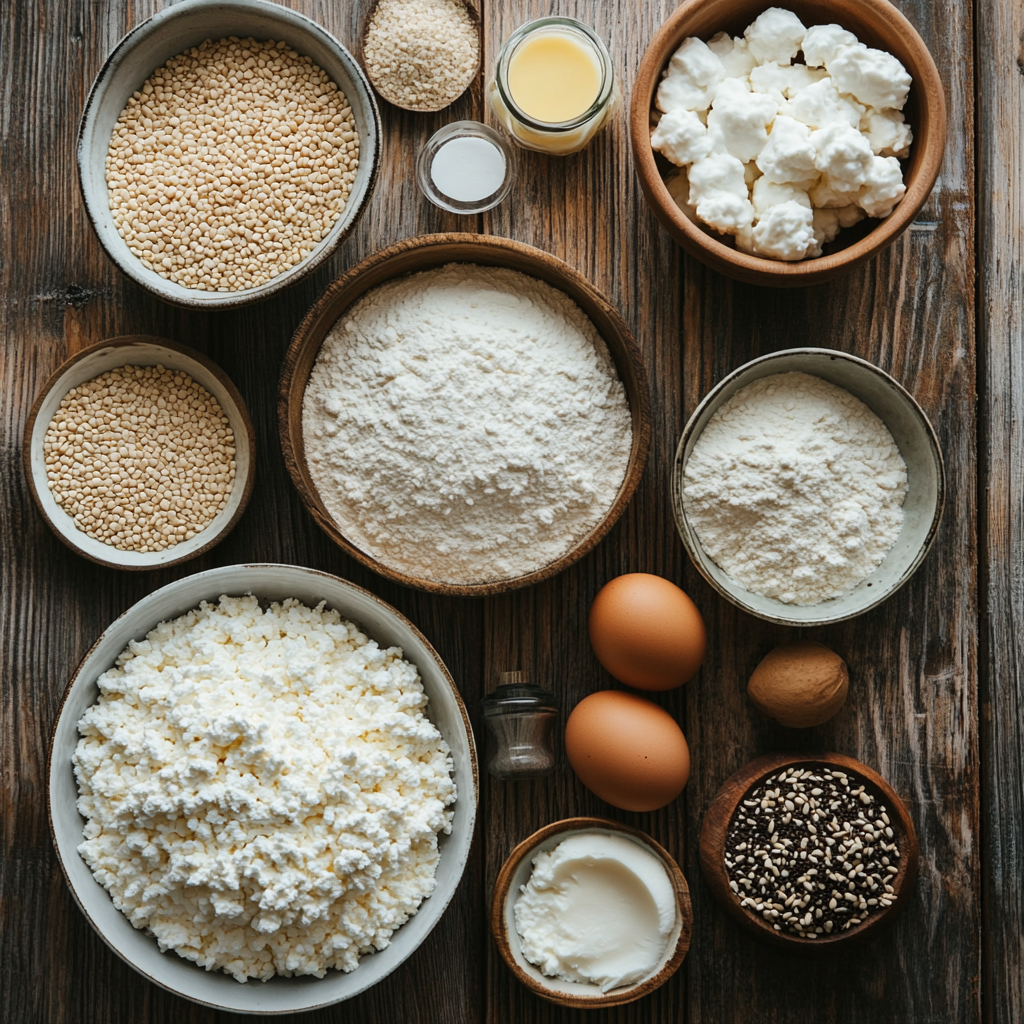 Ingredients for cottage cheese bagels laid out on a wooden kitchen table