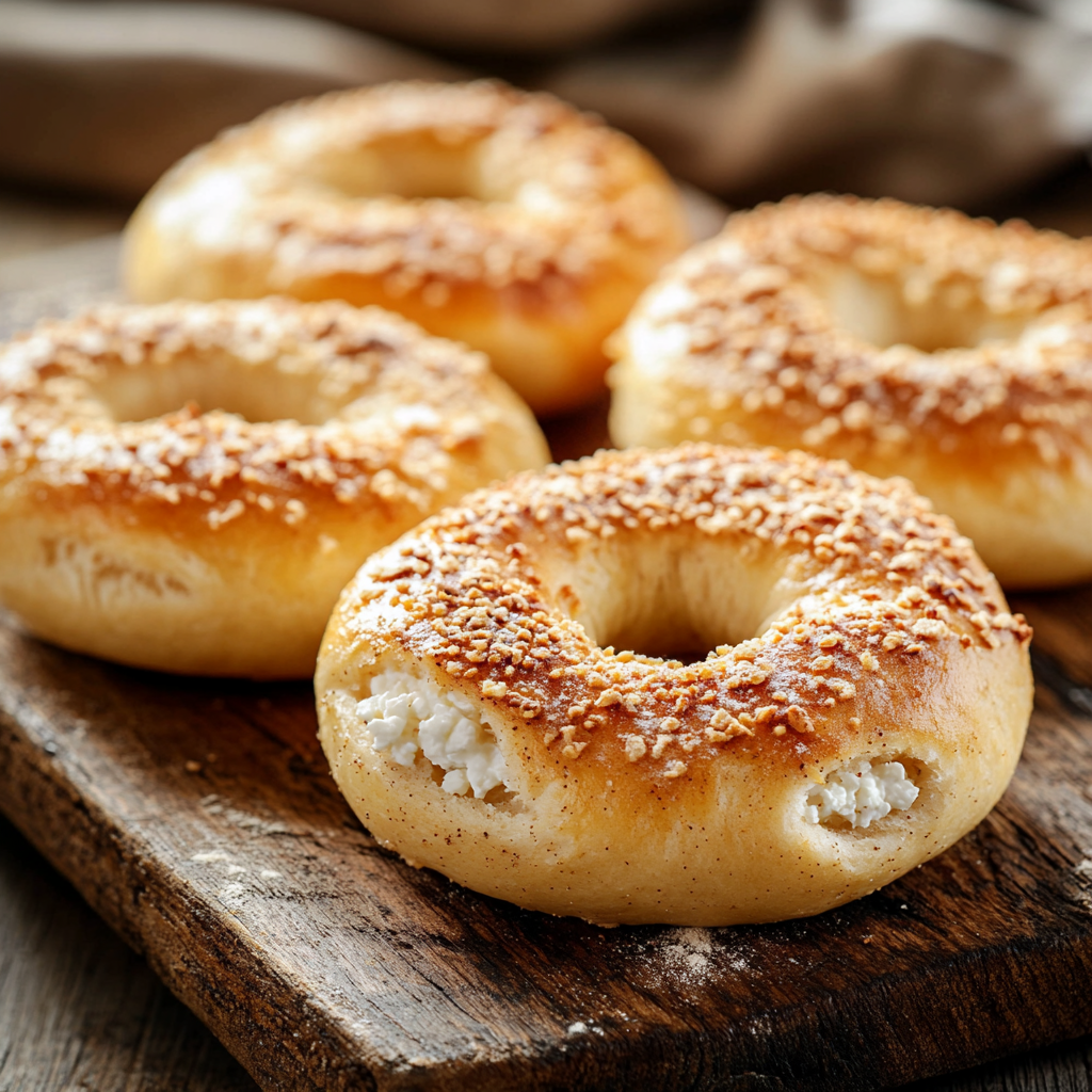 Close-up of cottage cheese bagels fresh from the oven on a wooden table