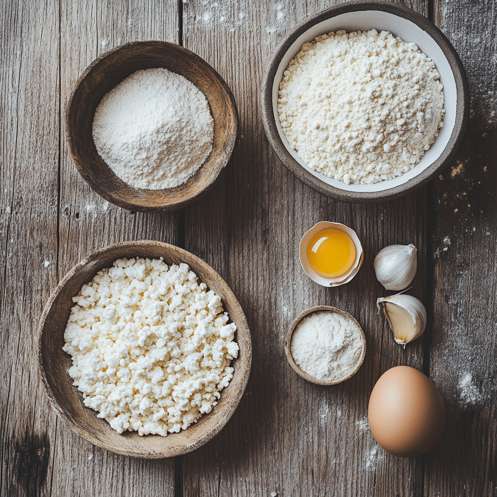 Flat lay of ingredients for Cottage Cheese Pizza Crust on a wooden table