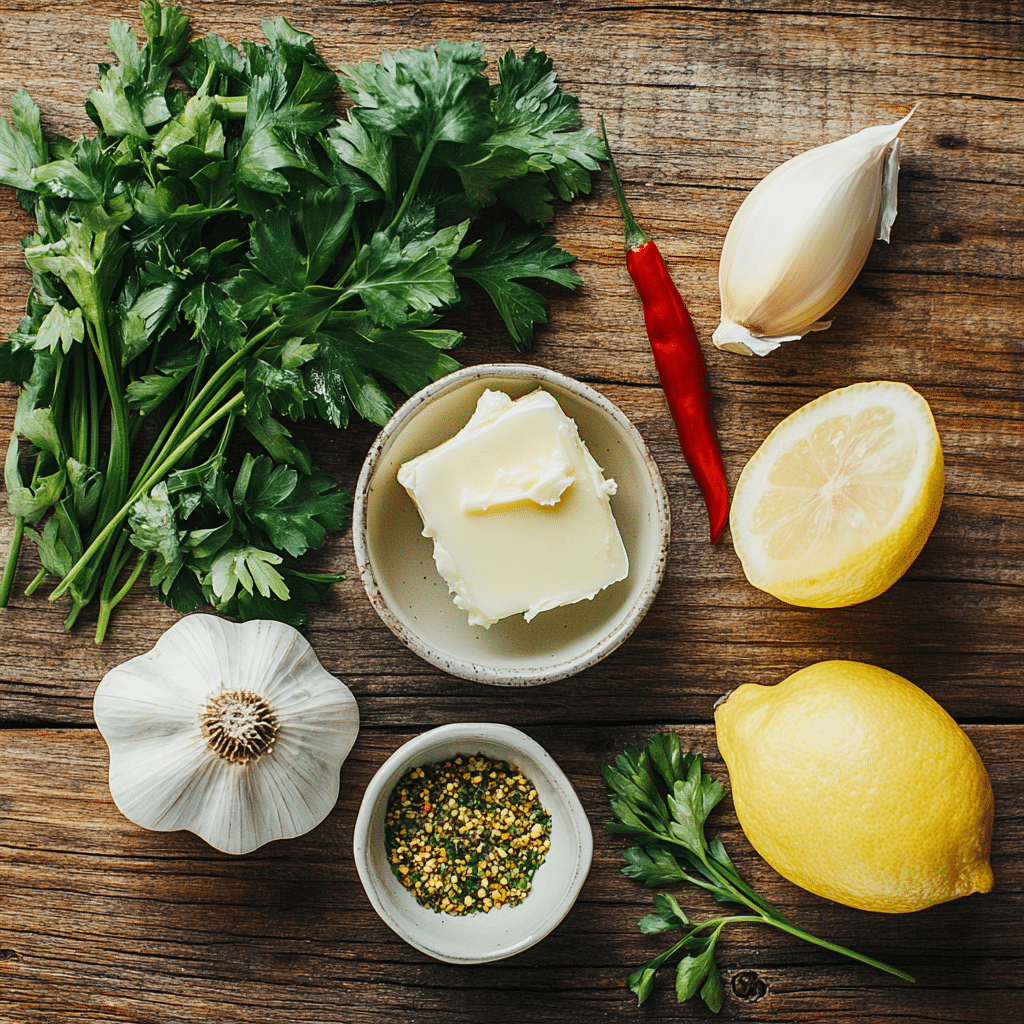 Cowboy Butter – Ingredients Ingredients for cowboy butter laid out on a wooden table