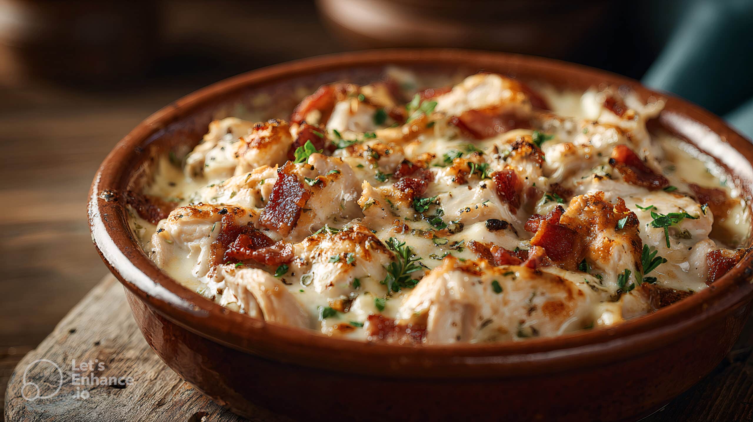Widescreen shot of creamy crack chicken recipe with bacon