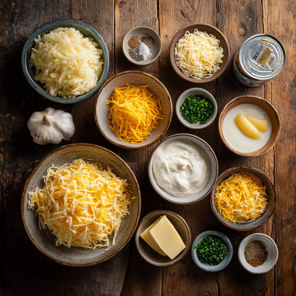 Crockpot Cheesy Potatoes Ingredients Realistic ingredients for crockpot cheesy potatoes including hash browns, sour cream, cheese, butter, onion, and soup
