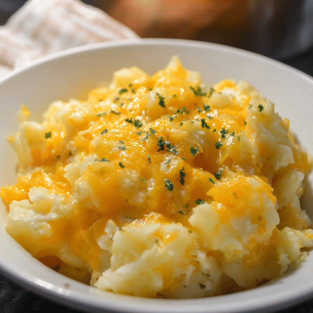 A bowl of crockpot cheesy potatoes with melted cheese and chives on top
