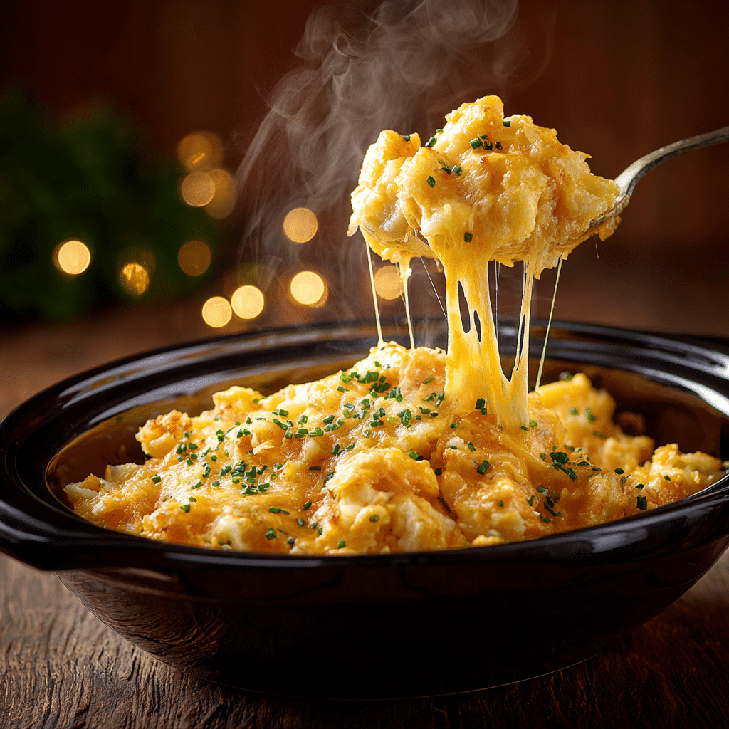 Crockpot Cheesy Potatoes garnishing Serving crockpot cheesy potatoes with golden cheese and fresh chives
