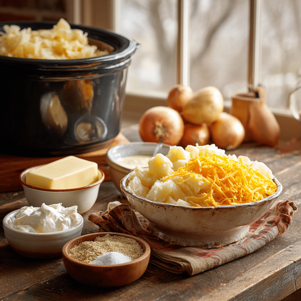 Crockpot Cheesy Potatoes preparing Starting crockpot cheesy potatoes recipe by greasing slow cooker and mixing base ingredients