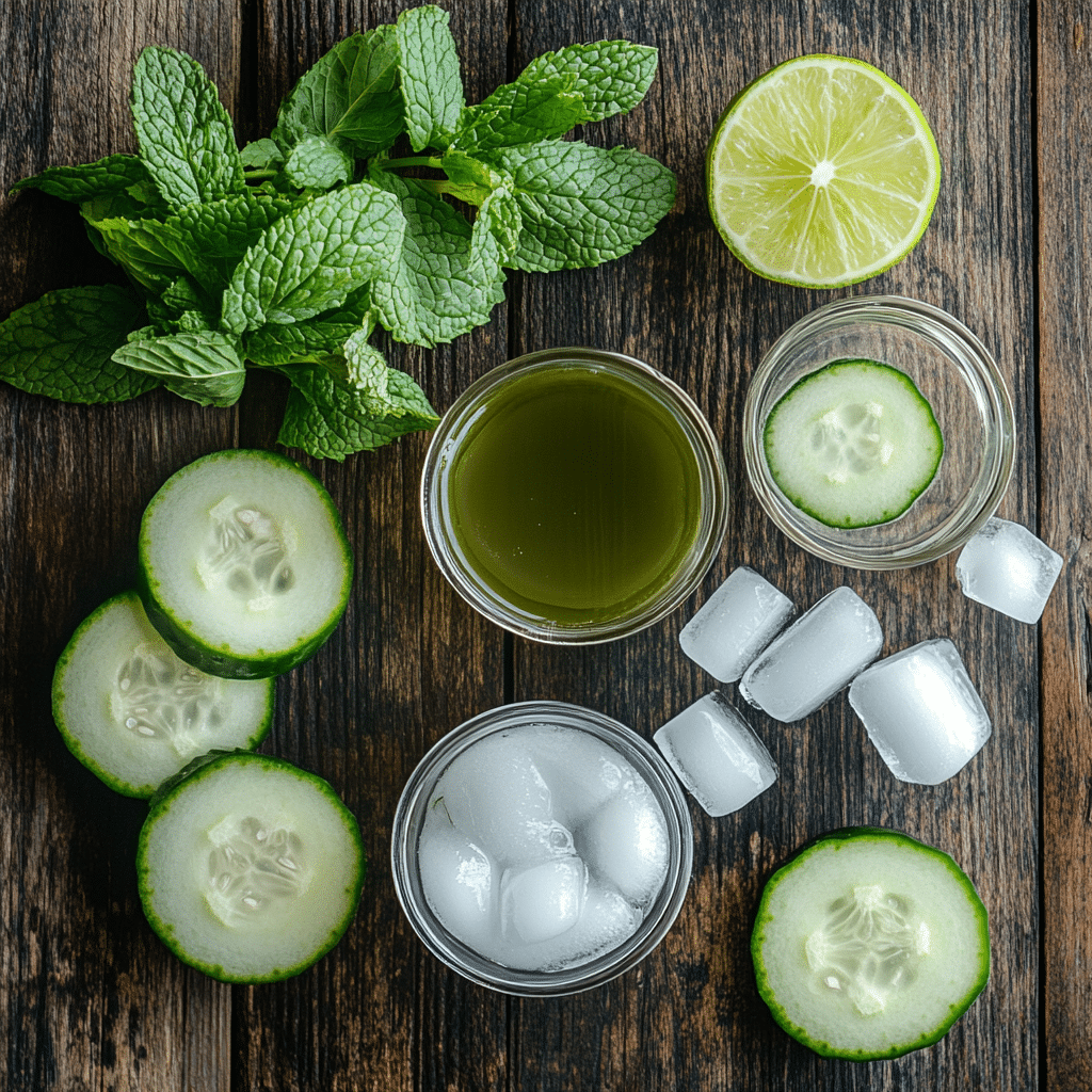 Cucumber Mint Cooler ingredients Flat lay of fresh ingredients for a cucumber mint cooler