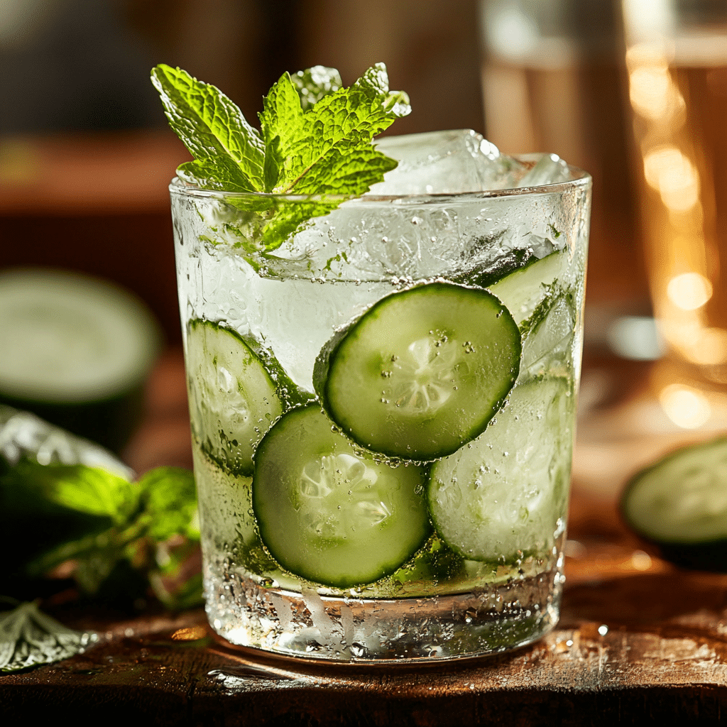 A chilled cucumber mint cooler served with mint and cucumber garnish