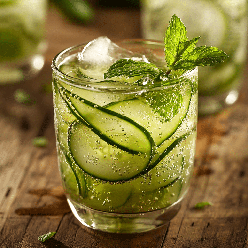 Cucumber Mint Cooler A close-up of a chilled cucumber mint cooler in a tall glass with garnish