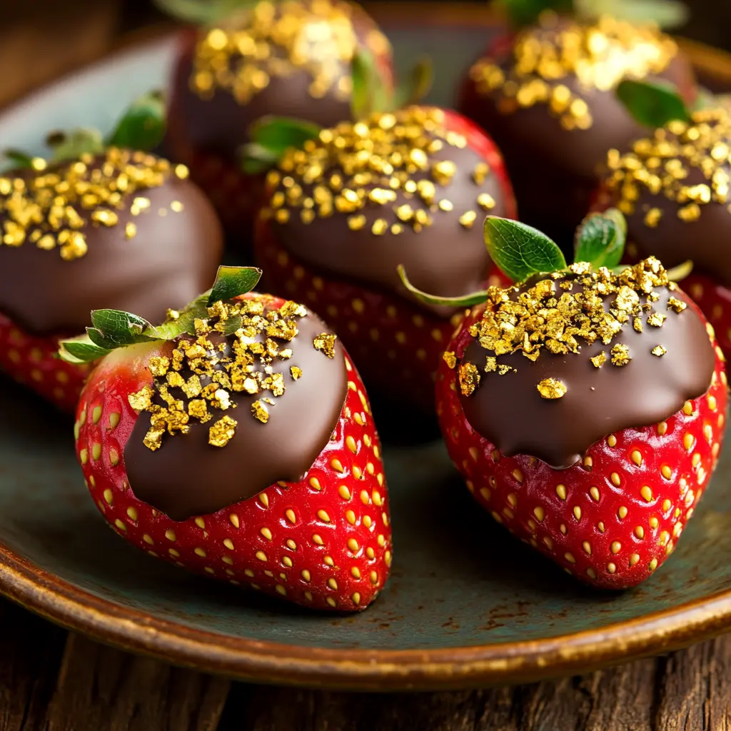 Close-up of Dubai chocolate strawberries with gold leaf and pistachio on a rustic plate