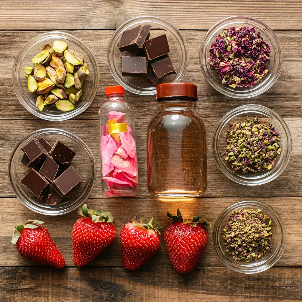 Ingredients for chocolate-dipped strawberries including rose water and saffron