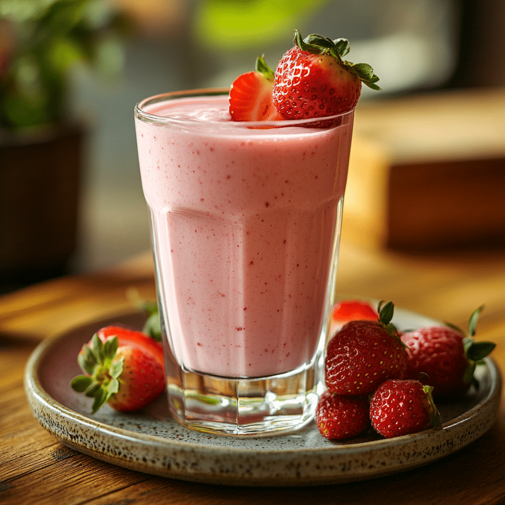 A served strawberry yogurt smoothie in a clear glass