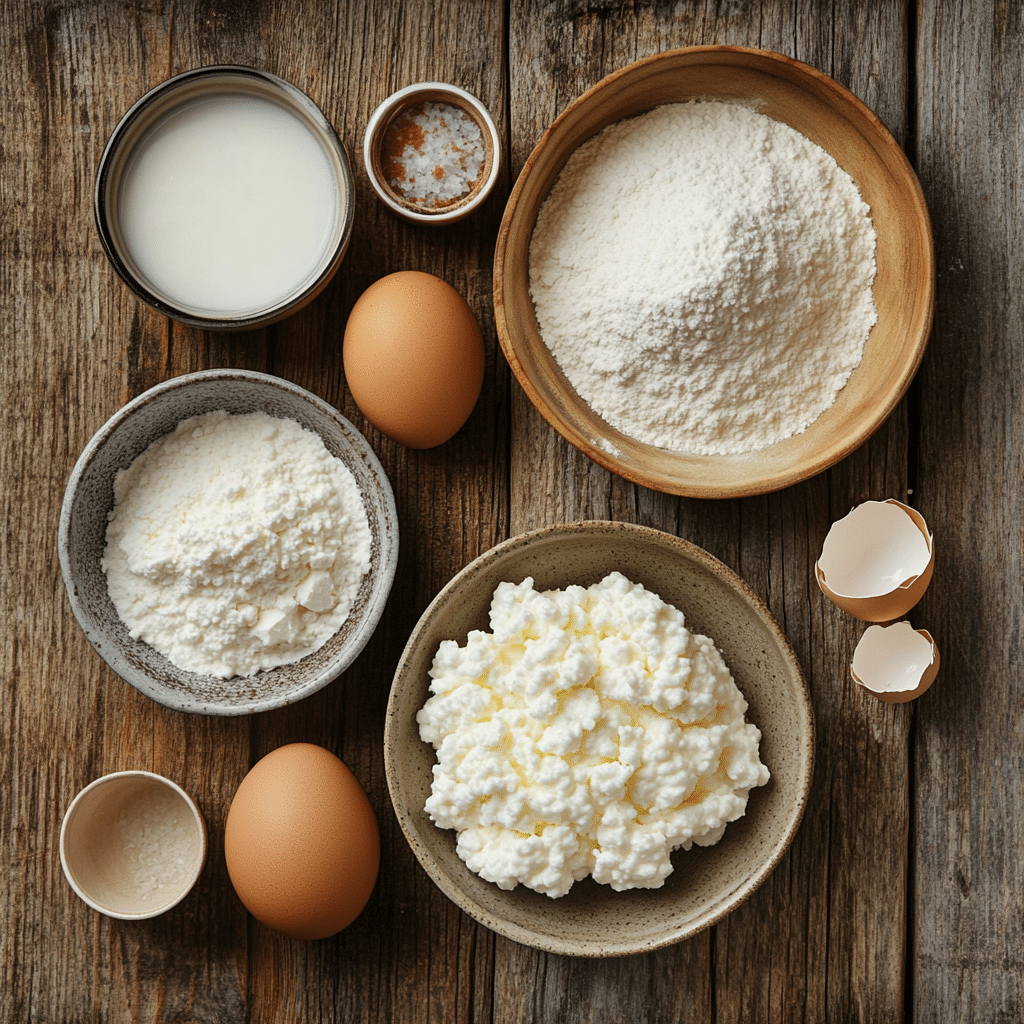 Ingredients for fluffy cottage cheese cloud bread on wooden table