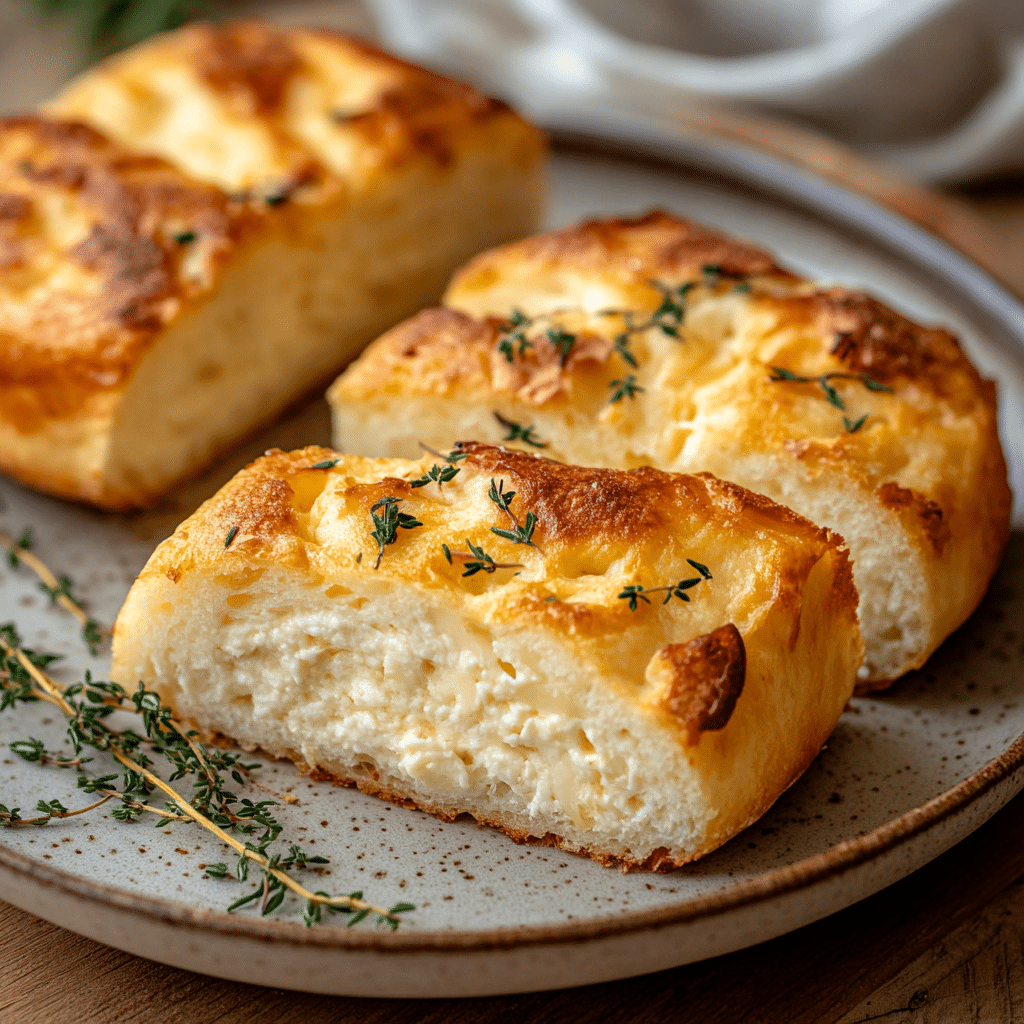 Slices of fluffy cottage cheese cloud bread on a plate