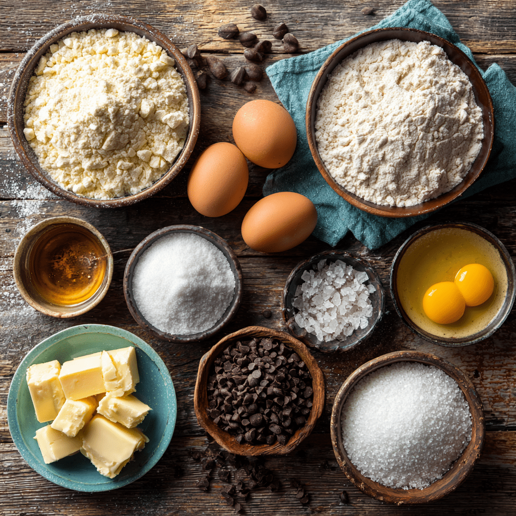 Gluten-Free Cookies ingredients Flat lay of ingredients for gluten-free cookies on a wooden surface
