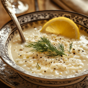 Bowl of Greek Lemon Rice Soup recipe with dill and lemon