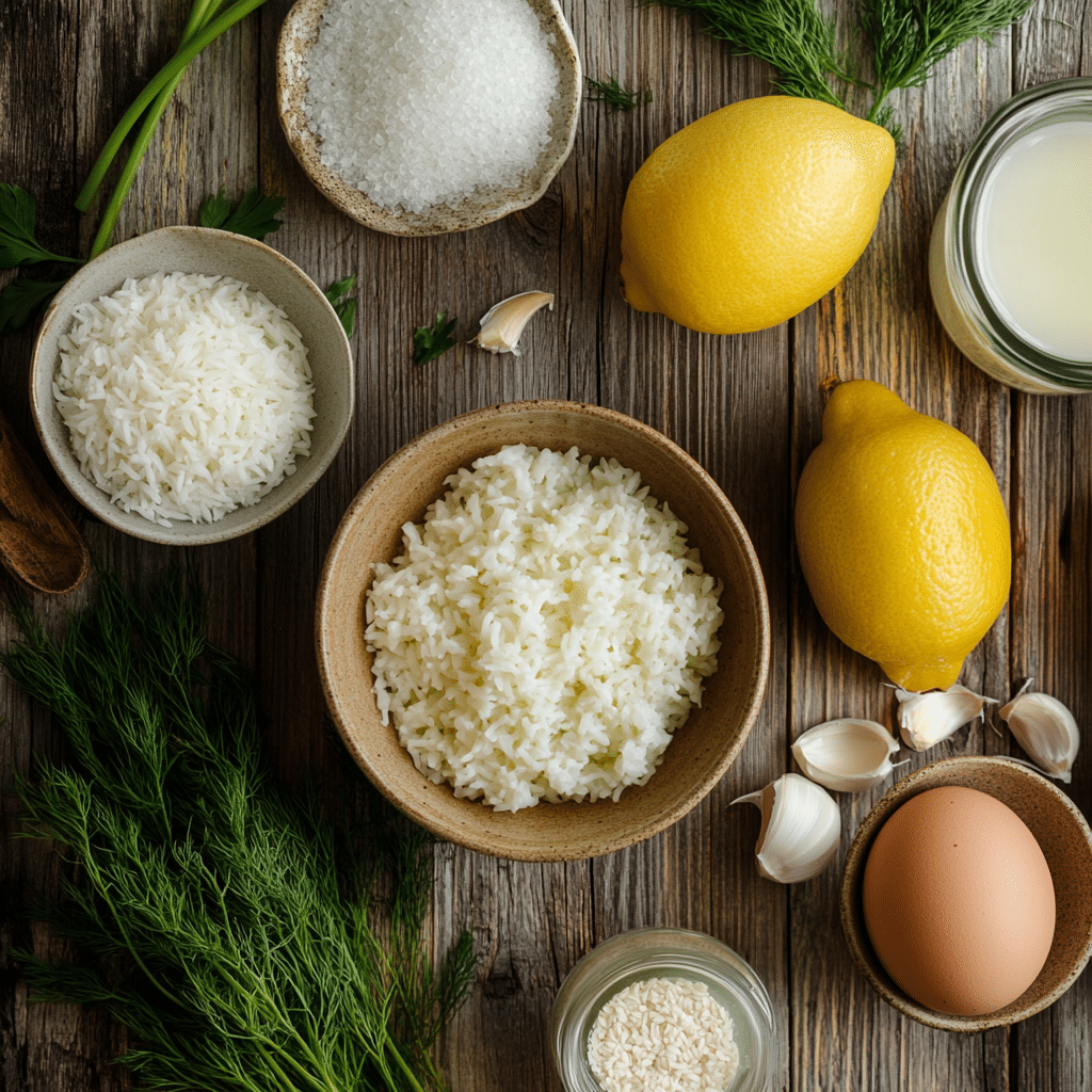 Ingredients for Greek Lemon Rice Soup laid out neatly on a wooden table